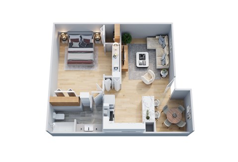 A top-down view of a small apartment with a living room, kitchen, and bedroom.